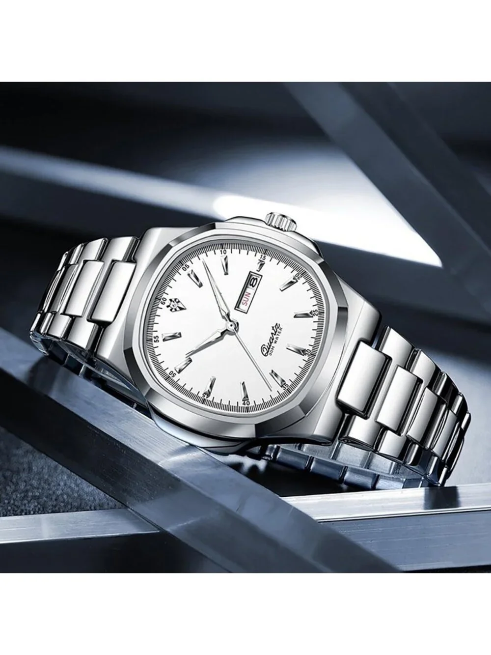 Men's Silver White Stainless Steel Strap Quartz Movement Waterproof Wrist Watch